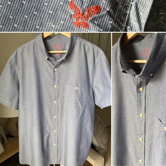 AMERICAN EAGLE Men’s Slim Fit S/S Blue Button Up Shirt Size XXL - Picture 1 of 9